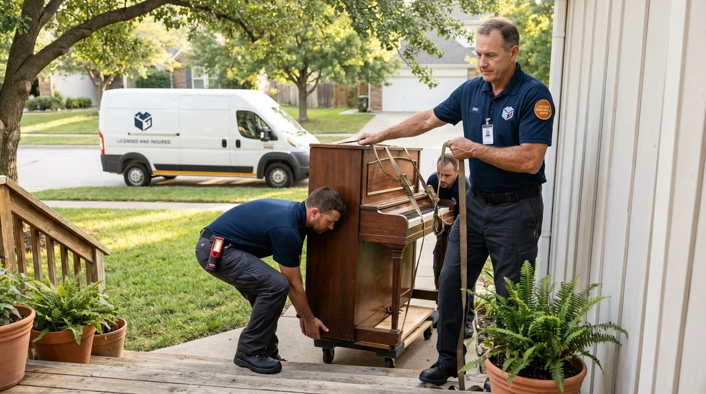 Licensed piano movers securing grand piano in Siren, WI