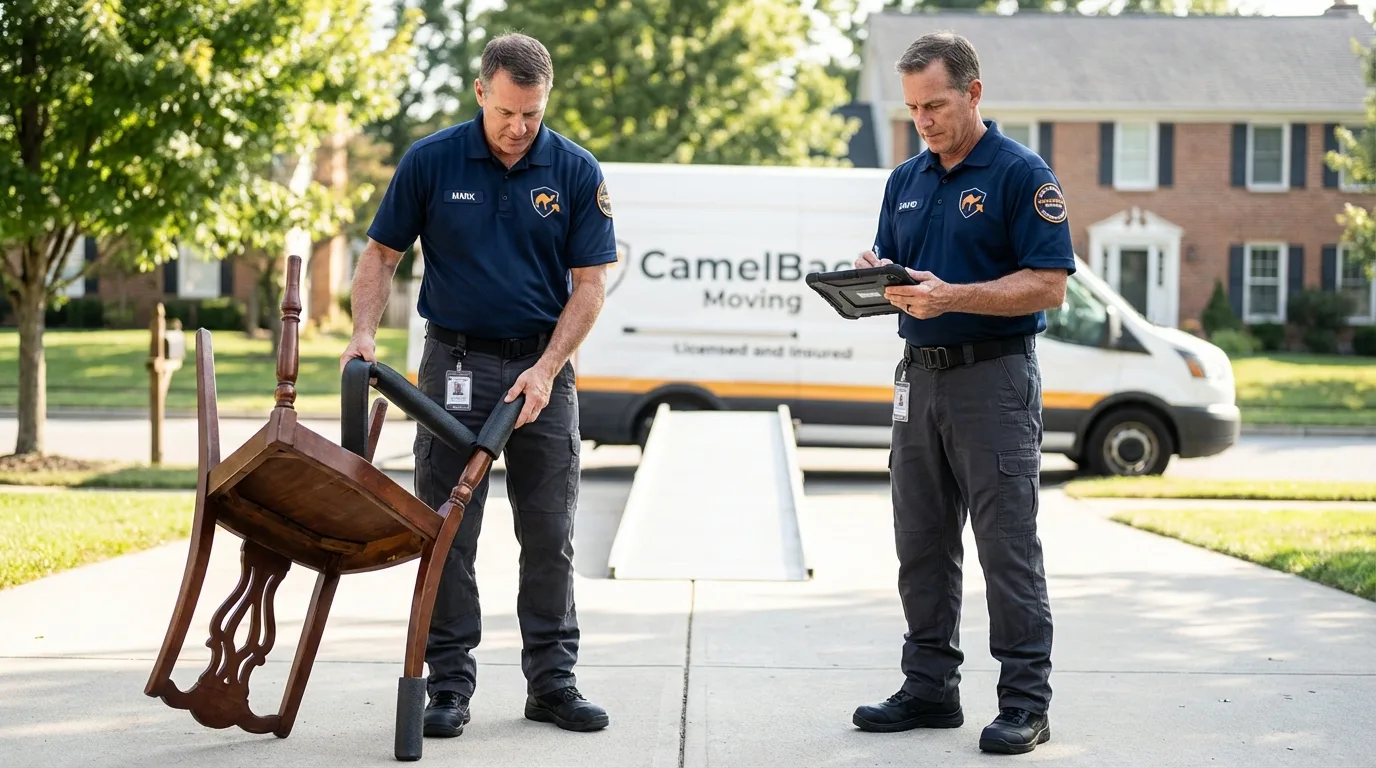 Movers inspecting furniture for damage prevention before loading in Siren, WI