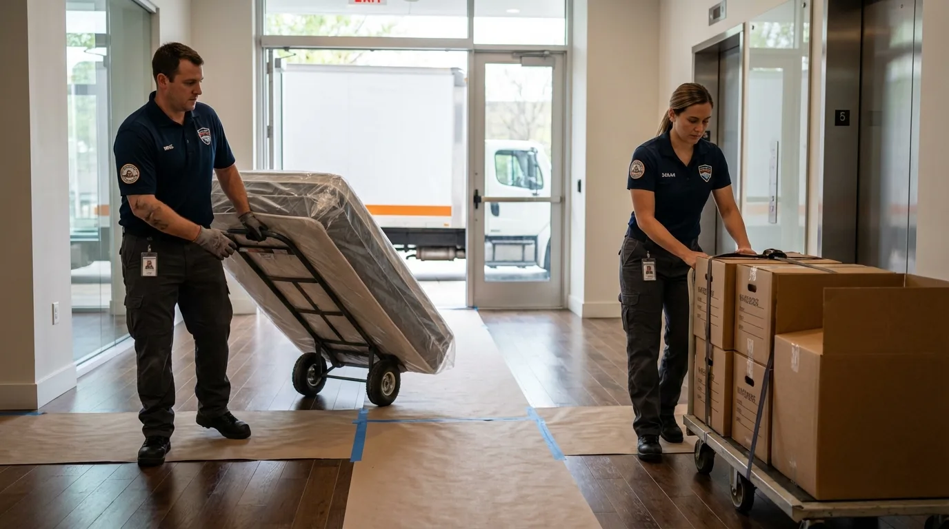 Professional apartment movers loading elevator in Siren, WI